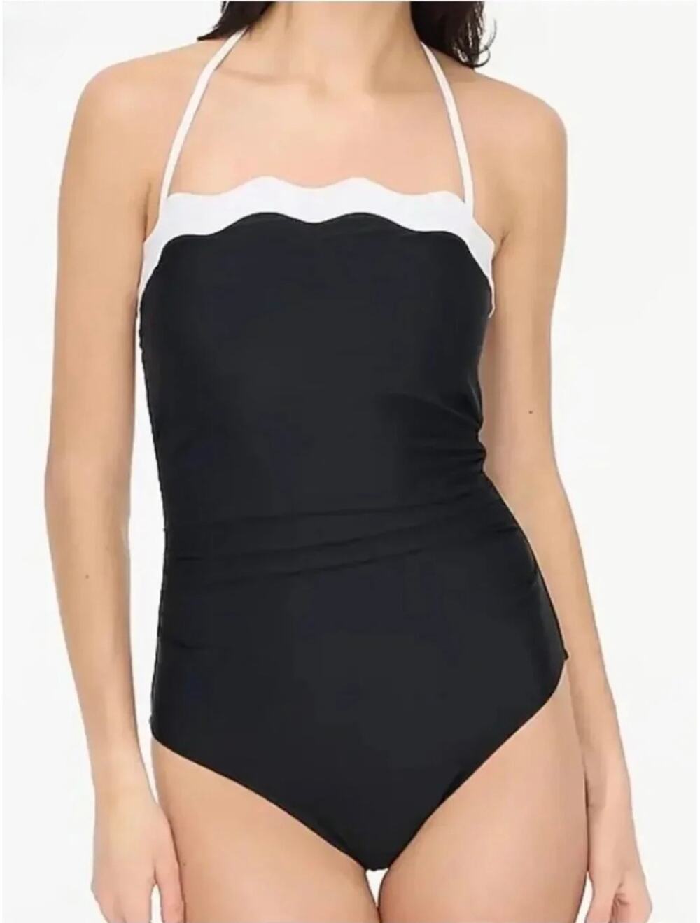 NWT J.Crew Factory Scalloped Trim One-Piece Swimsuit In Black White Size Small